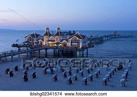 Picture - "Sellin sea bridge, pier, at dusk, Ruegen Island, Mecklenburg-Western Pomerania, Germany, Europe". Fotosearch
