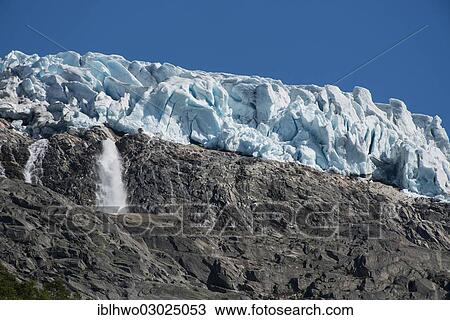 Stock Image - "Seracs above steep rocks on Jostedalsbreen or Jostedal Glacier, Jolster, Sogn og Fjordane, Western Norway, Norway, Europe". Fotosearch