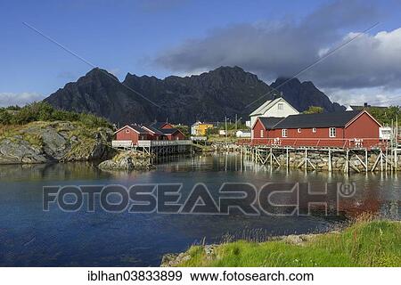 "Settlement with Rorbuer fishermen's cabins, Henningsvaer, Lofoten, Nordland, Norway, Europe" View Large Photo Image Stock Photo - "Settlement with Rorbuer fishermen's cabins, Henningsvaer, Lofoten, Nordland, Norway, Europe". Fotosearch
