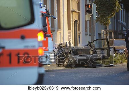 Stock Photo - "Severe road traffic accident between a Renault Twingo and a public transport bus, wreckage of the Renault Twingo, Esslingen, Baden-Wuerttemberg, Germany, Europe". Fotosearch