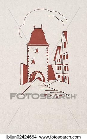Sgraffito of the Marburg Gate from the '50s, town of Siegen, Siegen-Wittgenstein district, Siegenland, North Rhine-Westphalia, Germany, Europe View Large Photo Image Picture - Sgraffito of the Marburg Gate from the '50s, town of Siegen, Siegen-Wittgenstein district, Siegenland, North Rhine-Westphalia, Germany, Europe. Fotosearch