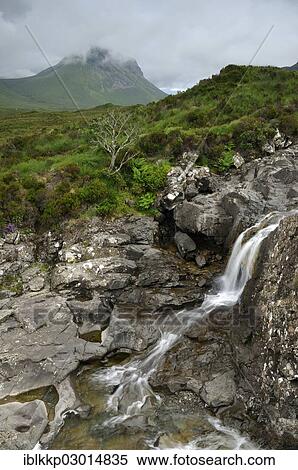 Stock Photography - "Sgurr nan Gillean from Sligachan, waterfalls in a mountainous landscape, Schottland, Isle of Skye, Scotland, United Kingdom, Europe". Fotosearch