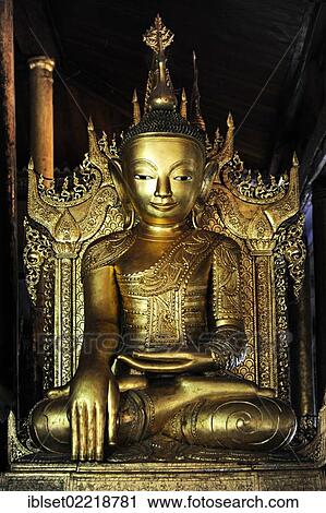 "Shan-style Buddha statue at the Nga Phe Kyaung monastery, Jumping Cat Monastery, Lake Inle, Burma also known as Myanmar, Southeast Asia, Asia" View Large Photo Image Stock Image - "Shan-style Buddha statue at the Nga Phe Kyaung monastery, Jumping Cat Monastery, Lake Inle, Burma also known as Myanmar, Southeast Asia, Asia". Fotosearch