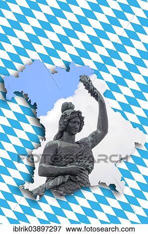 Shape of Bavaria with the pattern of the Bavarian flag and a statue of Bavaria View Large Photo Image Stock Photo - Shape of Bavaria with the pattern of the Bavarian flag and a statue of Bavaria. Fotosearch