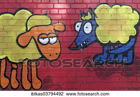 "Sheep figure meeting a wolf figure in sheep's clothing, mural, North Rhine-Westphalia, Germany, Europe" View Large Photo Image Stock Image - "Sheep figure meeting a wolf figure in sheep's clothing, mural, North Rhine-Westphalia, Germany, Europe". Fotosearch