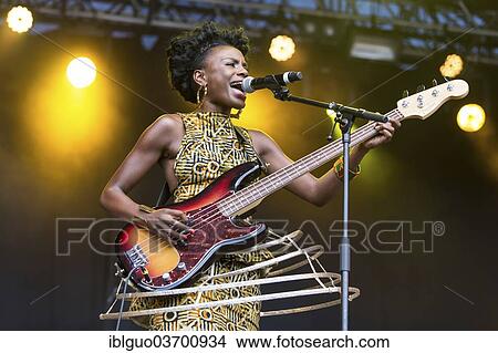 Picture - "Shingai Shoniwa, lead singer of British band """"Noisettes"""" performing live at Heitere Open Air, Zofingen, Canton of Aargau, Switzerland, Europe". Fotosearch