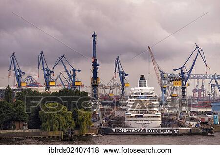 Stock Photo - "Ship in the dock of the Blohm + Voss shipyard in Hamburg, Germany, Europe". Fotosearch