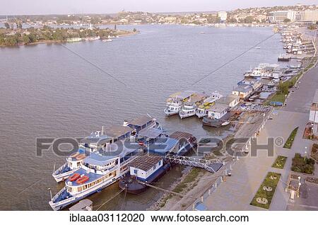 Stock Image - "Ships on the Danube river, Tulcea, Tulcea County, Romania, Europe". Fotosearch