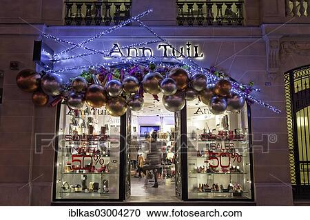 Stock Image - "Shoe shop with Christmas decoration, Avenue des Champs-Elysees, 8th Arrondissement, Paris, Ile-de-France, France, Europe". Fotosearch