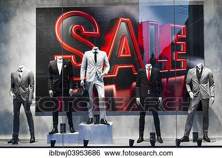 Stock Photograph - "Showcase, men's fashion, headless men in suits, mannequins, lettering SALE, Germany, Europe". Fotosearch