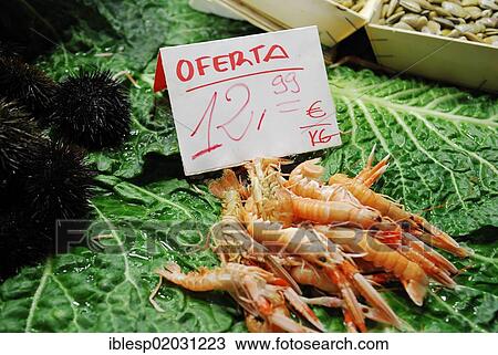 Stock Image - "Shrimps on sale in the covered market, Mercat de la Boqueria, La Rambla, Barcelona, Catalonia, Spain, Europe". Fotosearch