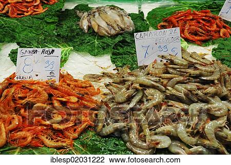 Stock Image - "Shrimps on sale, market halls, Mercat de la Boqueria, La Rambla, Barcelona, Catalonia, Spain, Europe". Fotosearch