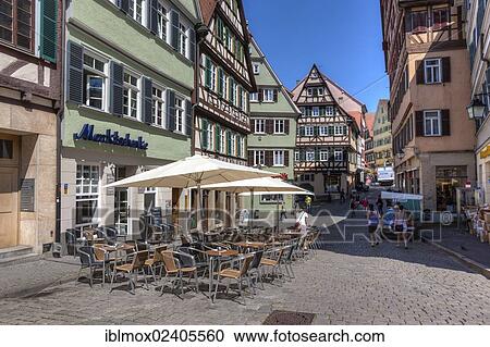 Stock Image - "Sidewalk cafes in the historic town centre of Tuebingen, Swabian Alb, Baden-Wuerttemberg, Germany, Europe, PublicGround, Europe". Fotosearch