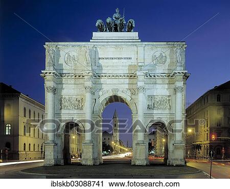 Stock Image - "Siegestor, Victory Gate, at dusk, Munich, Upper Bavaria, Bavaria, Germany, Europe". Fotosearch