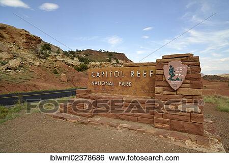 Stock Photograph - "Sign at the entrance to Capitol Reef National Park, Utah, Southwestern USA, USA". Fotosearch
