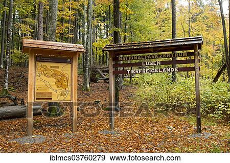 Stock Photo - "Sign at the entrance to the enclosure zone, Bavarian Forest National Park game reserve, Neuschonau, Lower Bavaria, Bavaria, Germany, Europe". Fotosearch