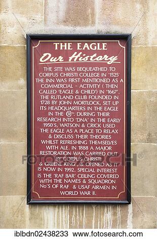 Stock Image - "Sign explaining the history of the Eagle Pub in Cambridge, England, United Kingdom, Europe". Fotosearch