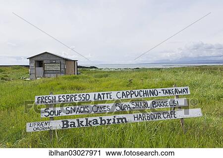 "Sign in front of the Bakkabrim Harbour Cafe, Eyrarbakki, Iceland, Europe" View Large Photo Image Stock Image - "Sign in front of the Bakkabrim Harbour Cafe, Eyrarbakki, Iceland, Europe". Fotosearch