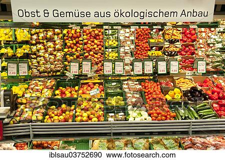 "Sign in German """"Obst und Gemuse aus okologischem Anbau"""", fresh organic fruit and vegetables, display in a supermarket, North Rhine-Westphalia, Germany, Europe" View Large Photo Image Stock Image - "Sign in German """"Obst und Gemuse aus okologischem Anbau"""", fresh organic fruit and vegetables, display in a supermarket, North Rhine-Westphalia, Germany, Europe". Fotosearch