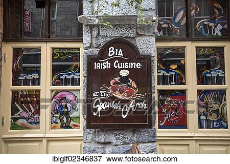 Stock Photo - "Sign, Irish Cuisine at the Spanish Arch pub, Galway, County Galway, Republic of Ireland, Europe, PublicGround". Fotosearch