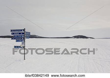 "Sign post on frozen over Lake Inari, near Inari, Finland, Europe" View Large Photo Image Stock Photo - "Sign post on frozen over Lake Inari, near Inari, Finland, Europe". Fotosearch