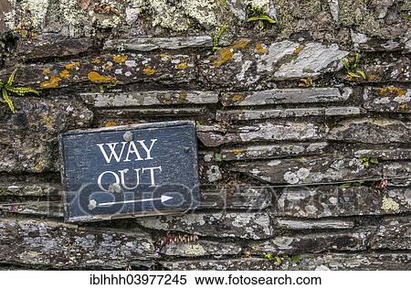 "Sign """"Way Out"""" on a wall, Trelissik Garden, Cornwall, England, United Kingdom, Europe" View Large Photo Image Stock Photography - "Sign """"Way Out"""" on a wall, Trelissik Garden, Cornwall, England, United Kingdom, Europe". Fotosearch