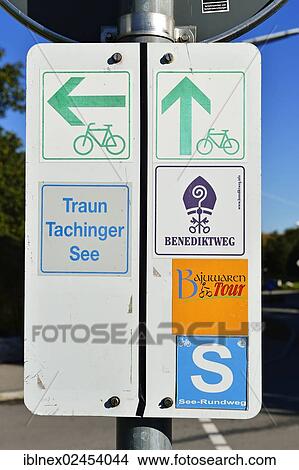 Picture - "Sign with cycle paths, Chiemgau, Upper Bavaria, Bavaria, Germany, Europe". Fotosearch