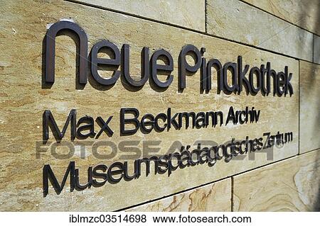 Stock Photo - "Signage, """"Neue Pinakothek"""" on the facade of Neue Pinakothek art gallery, Munich, Upper Bavaria, Bavaria, Germany, Europe". Fotosearch