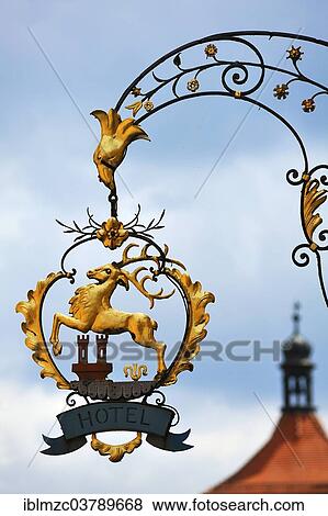 "Signboards of the Hotel """"Goldener Hirsch"""" or Golden Stag, Rothenburg ob der Tauber, Middle Franconia, Bavaria, Germany. " View Large Photo Image Stock Photo - "Signboards of the Hotel """"Goldener Hirsch"""" or Golden Stag, Rothenburg ob der Tauber, Middle Franconia, Bavaria, Germany. ". Fotosearch