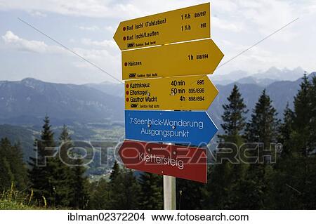Picture - "Signpost for hikers on Katrin mountain, Katergebirge mountains near Bad Ischl, Salzkammergut resort area, Traunviertel region, Upper Austria, Austria, Europe". Fotosearch