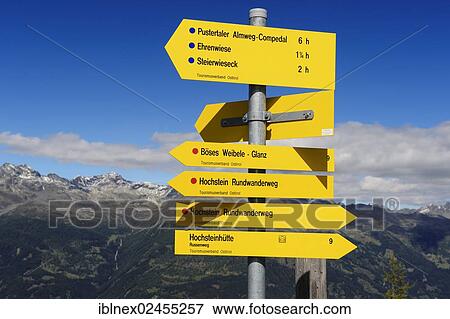 Stock Photo - "Signpost, Pustertaler Almweg hiking trail, Hochstein Mountain, Upper Lienz, Puster Valley, East Tyrol, Austria, Europe". Fotosearch