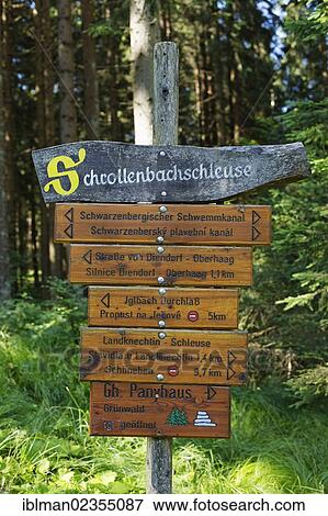 "Signpost to Schrollenbachschleuse from Schwarzenberg Navigational Canal, Bohemian Forest, municipality of Schlaegl, Muehlviertel region, Upper Austria, Austria, Europe" View Large Photo Image Stock Photo - "Signpost to Schrollenbachschleuse from Schwarzenberg Navigational Canal, Bohemian Forest, municipality of Schlaegl, Muehlviertel region, Upper Austria, Austria, Europe". Fotosearch