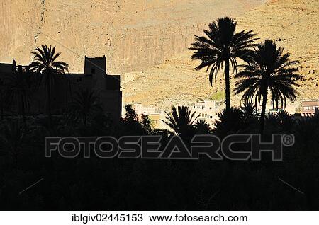 Stock Image - "Silhouette of Ksar and palm trees, High Atlas Mountains, Morocco, Africa". Fotosearch