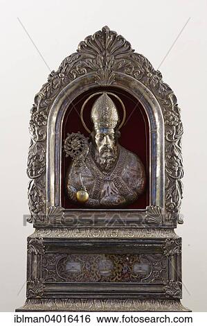 Stock Photograph - "Silver bust reliquary of St. Nicholas, city parish church of St. Nicholas, Rosenheim, Upper Bavaria, Bavaria, Germany, Europe". Fotosearch