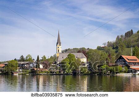 Stock Photography - "Sixtus Church, lake and houses, Schliersee, Bavaria, Germany, Europe". Fotosearch