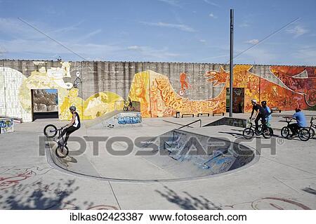 Stock Photo - Skate park, Rhine Park Duisburg, recreation area on a former industrial site, Duisburg-Hochfeld, Ruhr area, North Rhine-Westphalia, Germany, Europe. Fotosearch