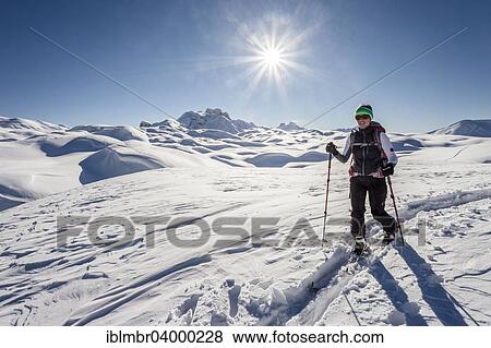 "Ski mountaineer during the ascent of Mt Seekofel in the Fanes-Sennes-Prags Nature Park in the Dolomites, at the back the mountains Kleine Gaisl, Hohe Gaisel and Monte Cristallo, St. Vigil, Puster Valley, South Tyrol, Italy, Europe" View Large Photo Image Stock Photo - "Ski mountaineer during the ascent of Mt Seekofel in the Fanes-Sennes-Prags Nature Park in the Dolomites, at the back the mountains Kleine Gaisl, Hohe Gaisel and Monte Cristallo, St. Vigil, Puster Valley, South Tyrol, Italy, Europe". Fotosearch