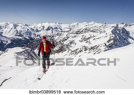 "Ski tourer standing on the summit ridge of Laaser Spitze mountain, Stelvio National Park, Veneziaspitze mountain, Zufallspitze mountain and Monte Cevedale at the back, the Martell Valley below, Vinschgau, Province of South Tyrol, Italy, Europe" View Large Photo Image Stock Photo - "Ski tourer standing on the summit ridge of Laaser Spitze mountain, Stelvio National Park, Veneziaspitze mountain, Zufallspitze mountain and Monte Cevedale at the back, the Martell Valley below, Vinschgau, Province of South Tyrol, Italy, Europe". Fotosearch