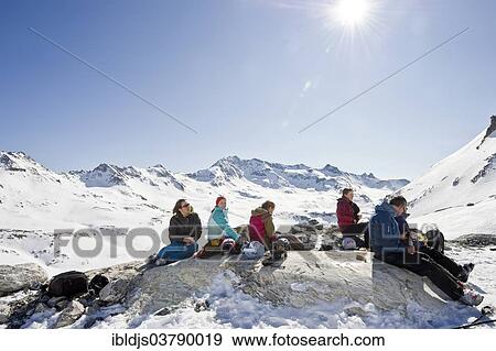 "Ski walking taking a break, snowy mountain landscape, Tignes, Val-d’Isere, Departement Savoie, Alps, France, Europe" View Large Photo Image Stock Photo - "Ski walking taking a break, snowy mountain landscape, Tignes, Val-d’Isere, Departement Savoie, Alps, France, Europe". Fotosearch