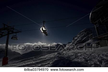 Stock Image - "Skiers in chairlift, Zugspitze, Bavaria, Germany, Europe". Fotosearch