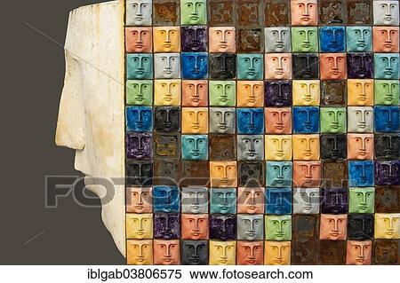 Stock Photography - "Skulpture made of tiles depicting faces, Aveiro, Centro region, Portugal, Europe". Fotosearch