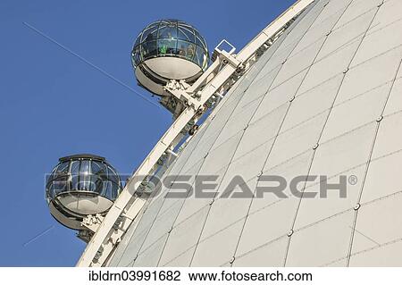 Stock Image - "Sky View view cabins on the dome of the event arena Ericsson Globe, the largest spherical building, Johanneshov, Stockholm, Stockholm County, Sweden, Europe". Fotosearch