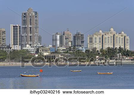Stock Photograph - "Skyline at Chowpatty Beach, Mumbai oder Bombay, Mumbai, Maharashtra, India, Asia". Fotosearch