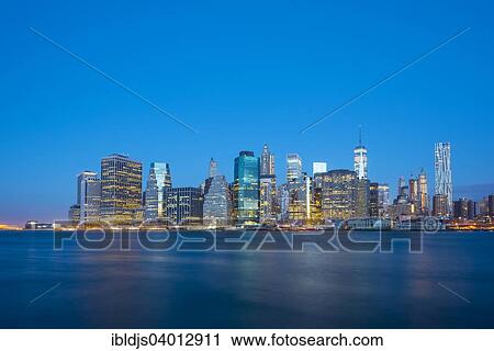 Stock Image - "Skyline at night, Downtown, Manhattan, New York, United States, North America". Fotosearch