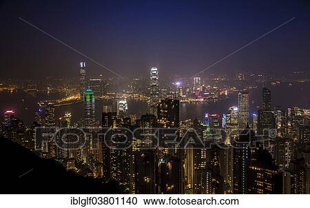 Stock Image - "Skyline at night, from Victoria Peak, Hong Kong Island, Hong Kong, China, Asia". Fotosearch