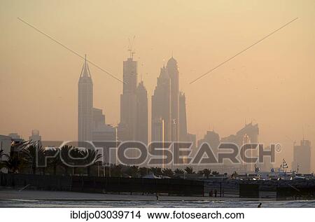 Picture - "Skyline, Dubai Marina at dusk, Emirate of Dubai, United Arab Emirates, Asia". Fotosearch