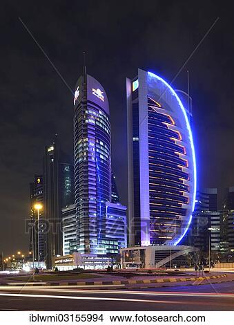"Skyline of Doha at night with the Kahra Maa Tower and the Doha Bank Tower, Doha, Doha, Qatar, Asia" View Large Photo Image Picture - "Skyline of Doha at night with the Kahra Maa Tower and the Doha Bank Tower, Doha, Doha, Qatar, Asia". Fotosearch