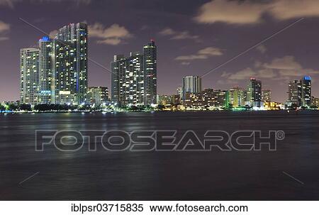 Stock Photography - "Skyline of Miami at night, Miami Beach, Miami-Dade County, Florida, United States, North America". Fotosearch