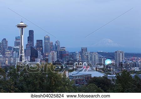 Picture - "Skyline of with Space Needle, behind Mt. Rainier, Downtown, Seattle, Washington, United States, North America". Fotosearch
