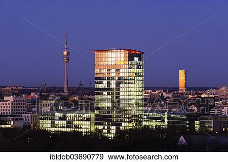 "Skyline with the Olympic Tower, the Skyline Tower and the Munich Uptown Building, O2 Building, Munich, Upper Bavaria, Bavaria, Germany, Europe" View Large Photo Image Stock Photo - "Skyline with the Olympic Tower, the Skyline Tower and the Munich Uptown Building, O2 Building, Munich, Upper Bavaria, Bavaria, Germany, Europe". Fotosearch